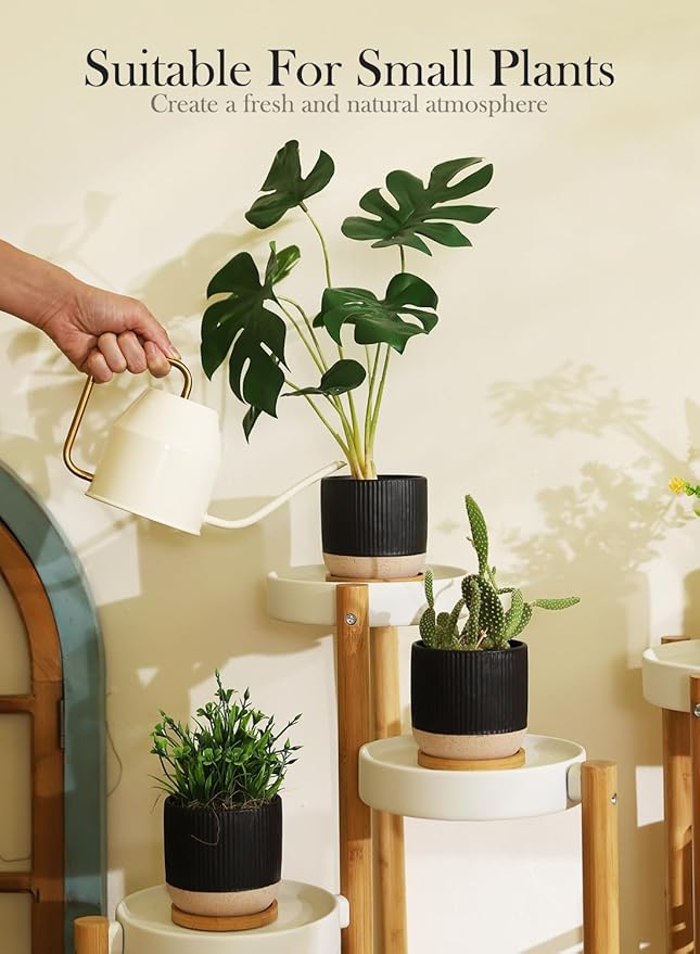 AOMRYOM 4 Inch Small Ceramic Plant Pots with Drainage Hole and Saucer, Modern Flower Planter for Succulent, Indoor Plants, Cactus, Herbs, Black, Set of 4 (Plant Not Included)