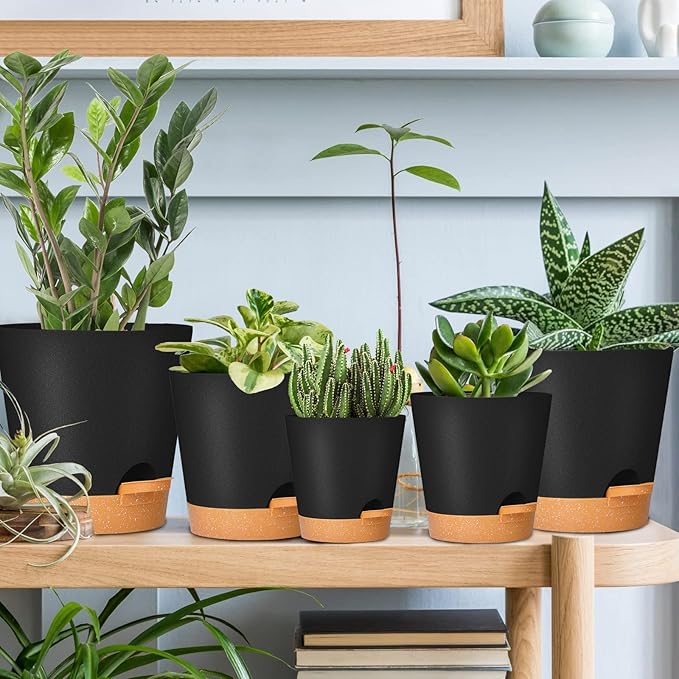 GARDIFE Plant Pots 7/6.5/6/5.5/5 Inch Self Watering Planters with Drainage Hole, Plastic Flower Pots, Nursery Planting Pot for All House Plants, African Violet, Flowers, and Cactus,Black