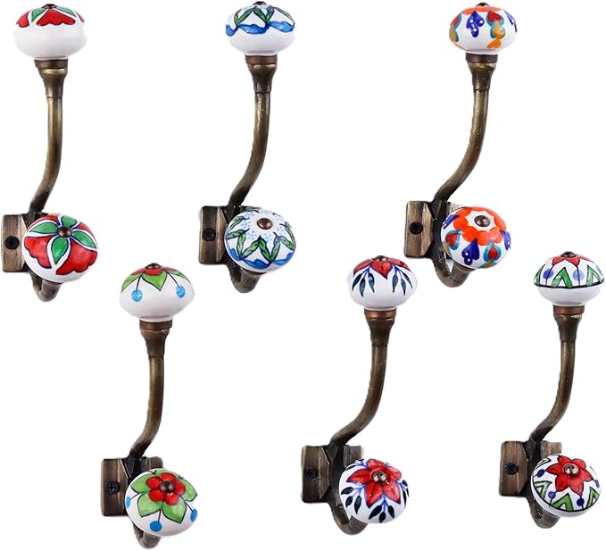 Indian Shelf Pack of 6 Heavy Duty Double Prong Multicolor Decorative Coat Hooks by IndianShelf
