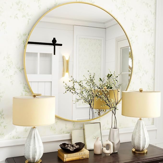 VooBang Gold Round Bathroom Mirror, 24 inch Circle Wall Mounted Hanging Mirror - Image 7