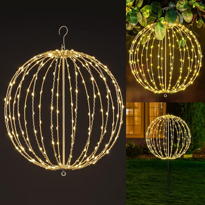 20IN Foldable Metal Frame Light Sphere - 200LED Hanging Tree and Pathway Light with Hook and Stake, UL Listed, White Frame, Warm White