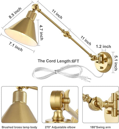 TRLIFE Wall Sconce Plug in, Brushed Brass Dimmable Wall Sconce Swing Arm Wall - Image 5