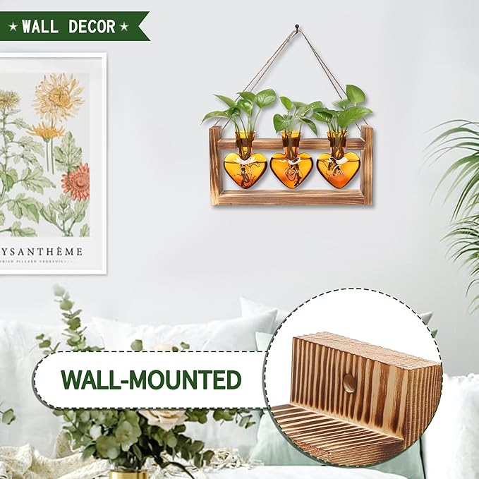 Plant Terrarium Propagation Stations Faith Hope Love Hydroponics Home Garden Decoration Gift for Women with Wooden Stand Heart Shaped Colored Glass Vase