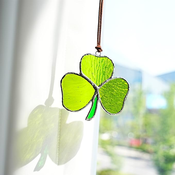 Handmade Stained Glass Shamrock Sun Catcher Window Hanging Irish Suncatcher St. Patrick's Day Decor for Home Green Clover Flower Stained Glass Window Panels for Window 3inch