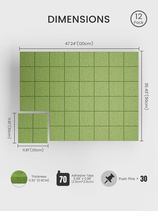 Bumusty Large Felt Bulletin Board, 30 Push Pins, 70 Adhesive Tabs, Kelly Green - Image 2