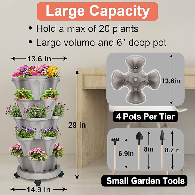 Vertical Planter 5 Tier Stackable Planters Garden Planters Strawberry Herb Flower and Vegetable Planter Indoor Outdoor Gardening Pots with Removable Wheels and Tools