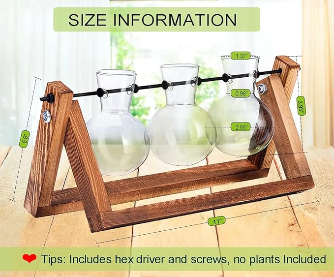 Kingbuy Plant Terrarium Propagation Station - 3 Glass Bulb Vases with Retro Wooden Stand Boho Desktop Planter for Hydroponics Home Garden Indoor Home Office Decor Unique Gifts for Women & Plant Lovers