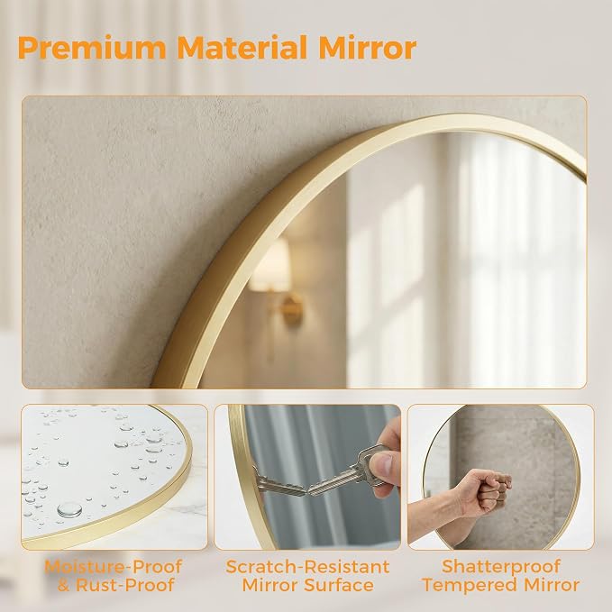OLIXIS 28 Inch Gold Round Bathroom Wall Mirror, Round Bathroom Mirrors - Image 6