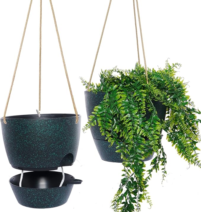 10 Inch Self Watering Hanging Pots, 2 Pack Hanging Planters with 40oZ Deep Reservior for Indoor Outdoor Plants Flowers, Black Speckles