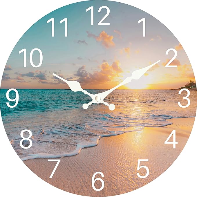 Sea Beach Blue Sky Sand 16 Inch Wooden Large Wall Clock by EZXZZ