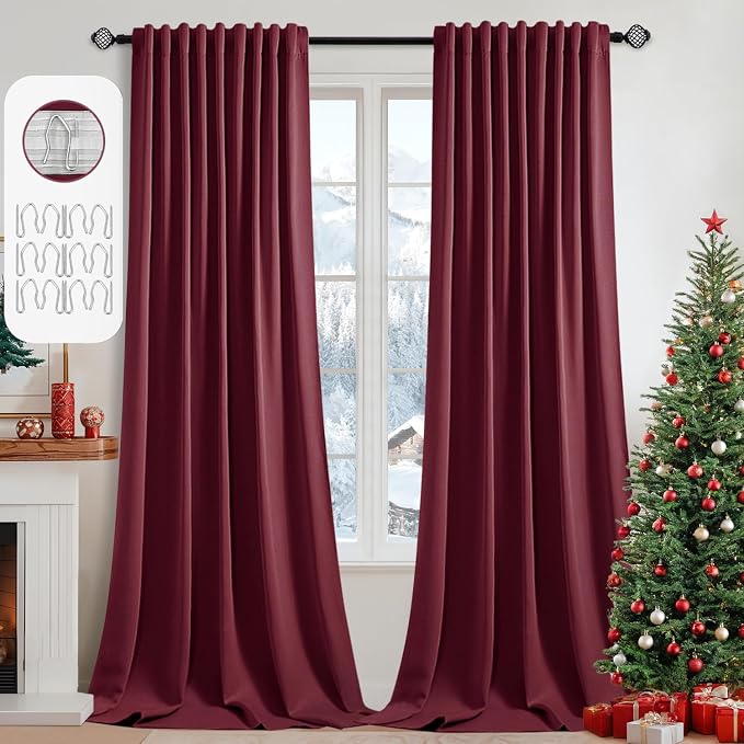 MIULEE Christmas Wine Red Back Tab Blackout Curtains 108 Inch Long 2 Panels Set by MIULEE