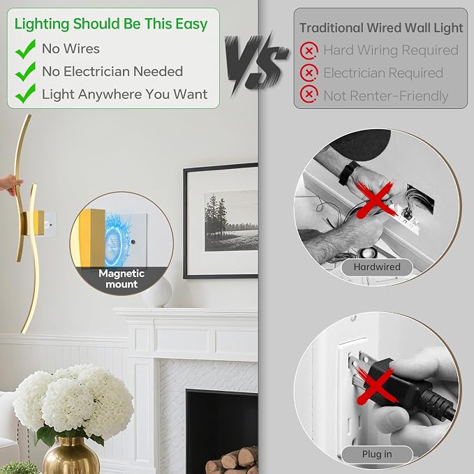 Battery Operated Wall Sconce Set of Two, Dimmable Modern LED Rechargeable Wall - Image 3