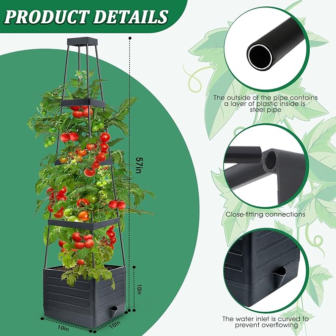 MQFORU 2Pack Raised Garden Bed Planter Boxes with Trellis, 57" Self-Watering Tomato Planter Boxes with Trellis for Climbing Vegetable and Plants, Tomato Cage for Indoor Outdoor Use