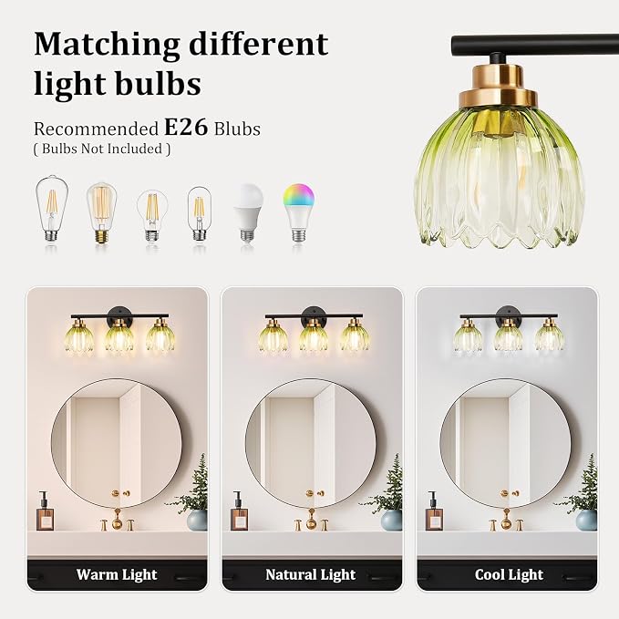 TALOYA Bathroom Vanity Light Fixtures, 3-Light Modern Black and Gold Wall - Image 7