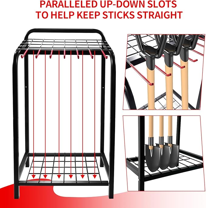 Trieez Garden Tool Organizer for Garage, Yard Tool Organizer with Hooks for Garage Organization and Storage - Sturdy Yard Tool Holder, Tool Rack for Shed, Outdoor, Tool Stand