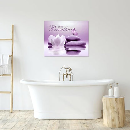 EOBTAIN Zen Framed Wall Art 20x16 Inches Purple Butterfly and Flower Stone - Image 3