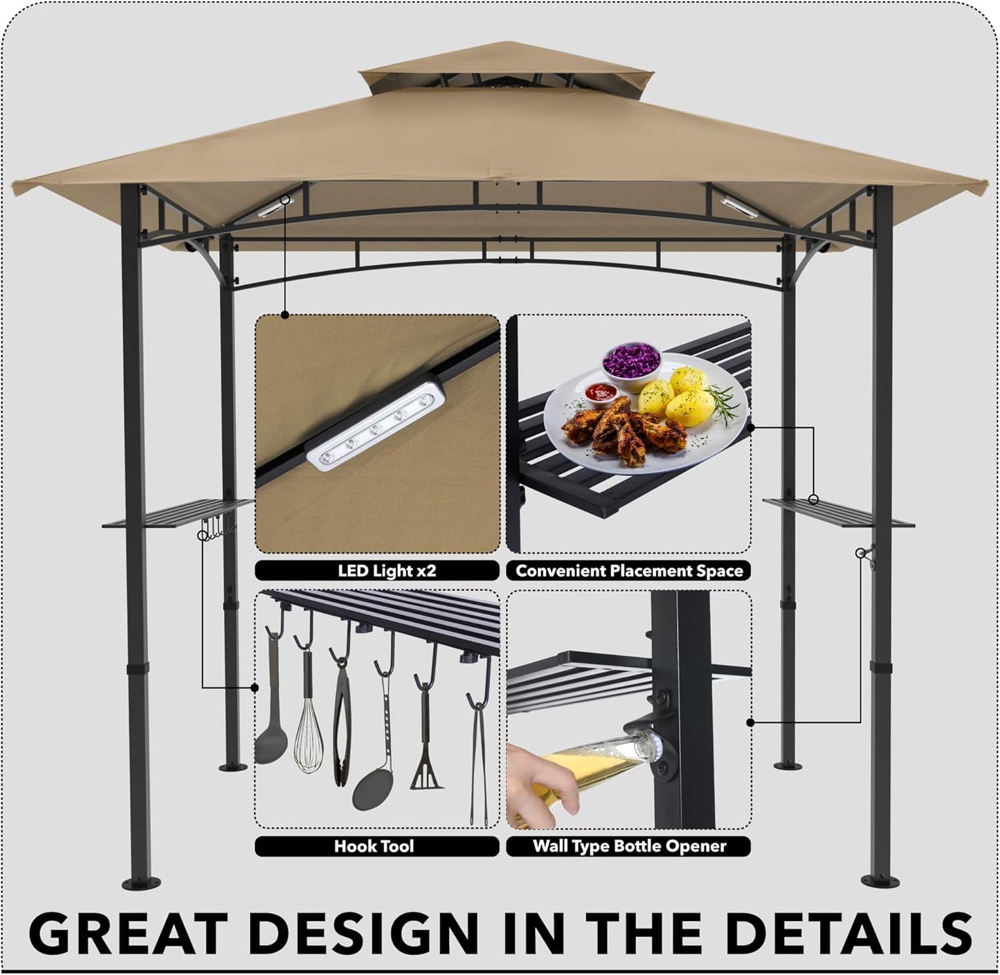 MASTERCANOPY 8 x 5 Grill Gazebo Outdoor BBQ Gazebo Canopy with 2 LED Lights (Khaki)