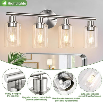 4-Light Bathroom Light Fixtures, Brushed Nickel Modern Vanity Lights Over Mirror - Image 4
