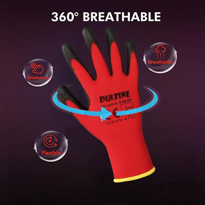DULFINE Safety Work Gloves PU Coated-60 Pairs,Red Seamless Knit Glove with Polyurethane Coated Smooth Grip on Palm & Fingers, for Men and Women, Ideal for General Duty Work (Large)