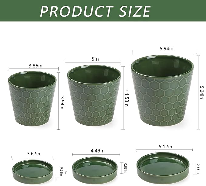 Ceramic Plant Pots,4+5+6 Inch Pots for Indoor Plants,Planters with Drainage Holes and Ceramic Tray, Indoor Flower Pots Gardening Home Desktop Office Windowsill Decoration Gift,Set of 3 (Patina)