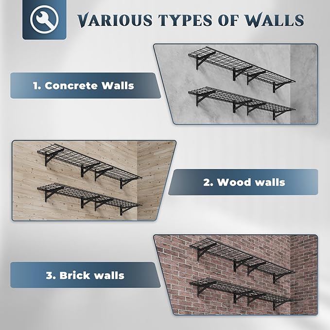 4 Pack Heavy Duty Garage Wall Shelving Set (1.5x4ft), Wall Mounted Garage Shelves 1000lbs Capacity, 18"x96" Shelf Storage Rack Floating Shelves, Black