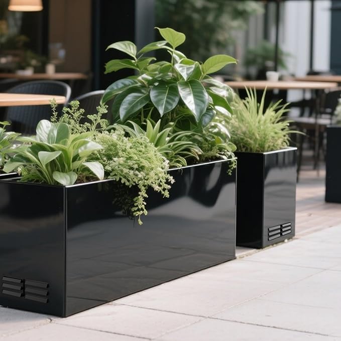 Worth Garden Metal Planter Box - 30" L x 11" W x 13" H Glossy Black Heavy Duty Large Rectangular Steel Modern Plant Pot, Indoor Outdoor - Insert Plate with Drain Holes, Air Vents, No Assembly Required