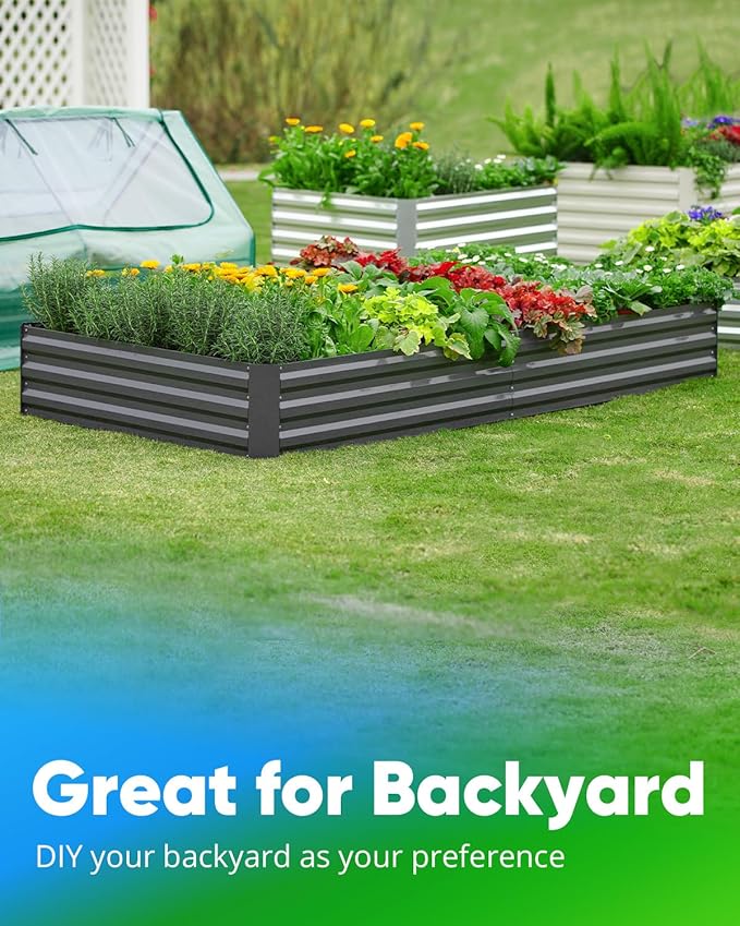 Quictent Galvanized Raised Garden Bed 8x4x1 Ft Metal Planter Box for Vegetables Bottomless for Backyard, 2 Tomato Cages Included, Dark Grey
