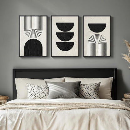 Framed Boho Black and White Abstract Wall Art, 3 Piece Modern Beige Canvas - Image 5