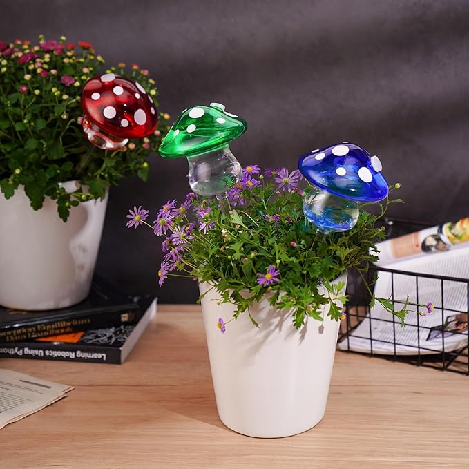 NiHome Glass Mushroom Plant Self Watering Globe Set of 3 Colors, Durable Hand-Blown Glass Bulbs Automatic Home Plant Hydration System for up to 3 Weeks, Easy Refill Design with Adjustable Flow Rate