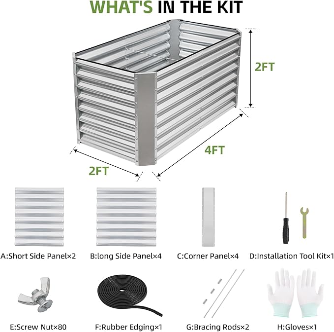 4x2x2ft Raised Garden Bed - Galvanized Deep Root Planter Boxes Outdoor with Wing Nuts and Safety Edges for Gardening Vegetables, Flowers, Herbs, Succulents - Silver