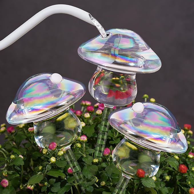 NiHome Iridescent Glass Mushroom Plant Self Watering Globes 3-Pack, Electroplated Hand-Blown Glass Automatic Plant Hydration System for up to 3 Weeks, Easy Refill Design with Adjustable Flow Rate
