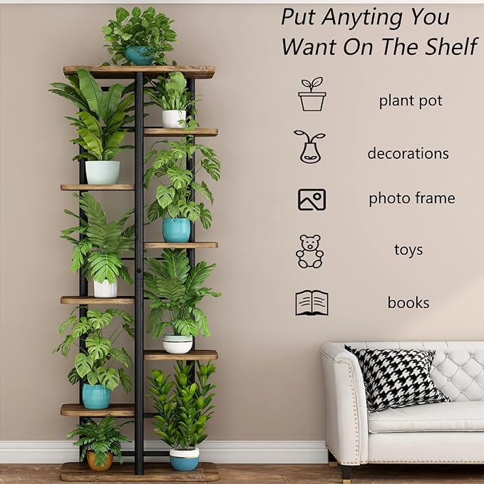 LINZINAR Plant Stand 8 Tier 9 Potted Multiple Flower Pot Holder Shelf Indoor Outdoor Planter Rack Storage Organizer for Patio Garden Corner Balcony Living Room (8 Tier-9 Potted, Black)