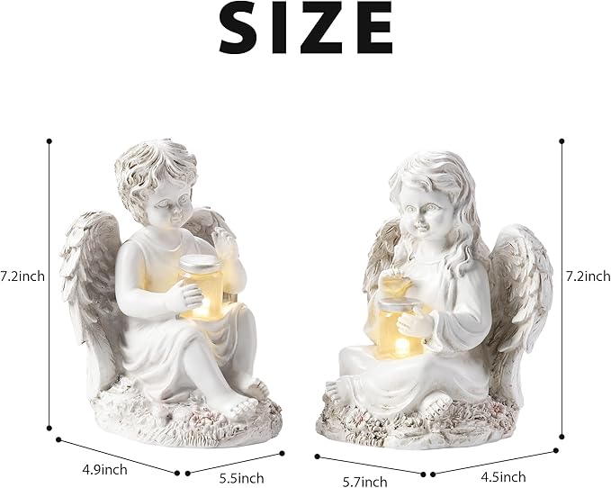 2 Pack Outdoor Angel Statue Garden Decor, Classic Solar Angel Figurine Decoration for Yard Art Indoor Porch Home Lawn Outside Light up Cherub Sculpture Guardian Wings Angel Memorial Gifts
