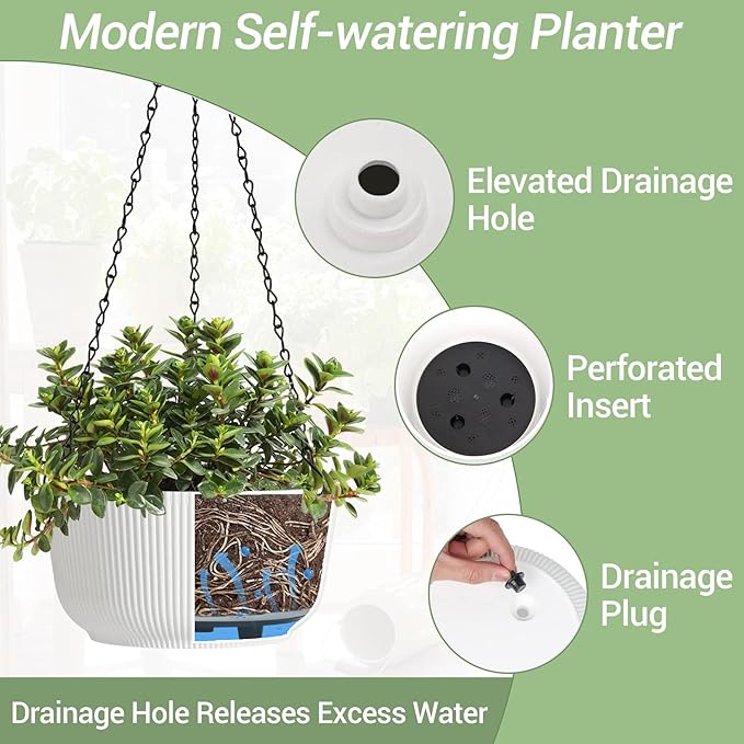 T4U 12 Inch Large Hanging Planters for Outdoor Plants, 2 Pack Self Watering Hanging Pots Indoor, Hanging Baskets for Plants,Hanging Flower Pot with Drainage Hole and Plant Hanger, White