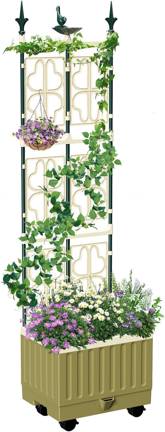 Tomato Planter with Trellis,61.4" Self-Watering Tomato Cage Raised Garden Bed Planter Box with Trellis & Wheels for Climbing Plants Vegetable Vine Flowers