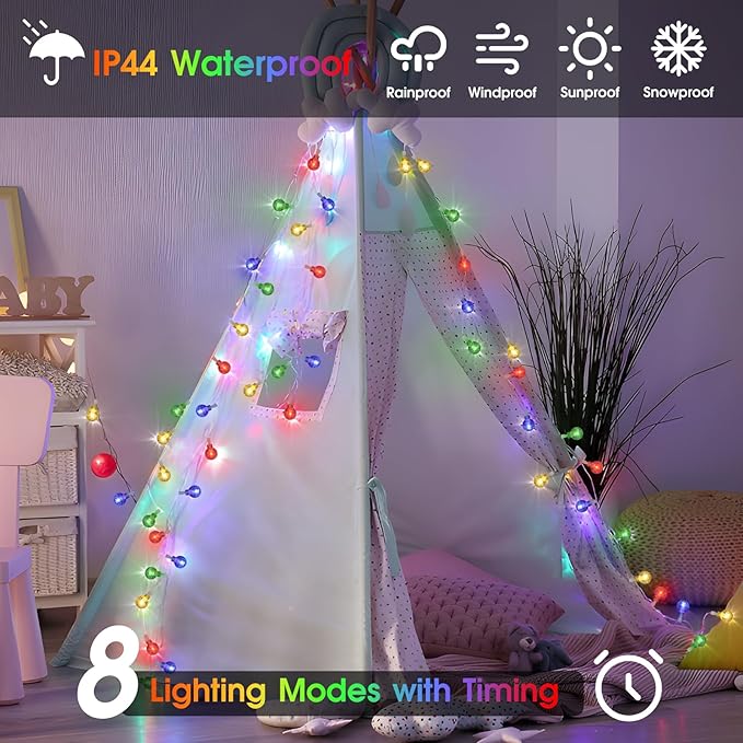 16.4ft 50LED Globe String Lights Indoor Bedroom Battery Operated, Crystal Fairy Light IP44 Waterproof Outdoor Hanging Decorative Lights for Home Tent Patio Garden Party Wedding Decor