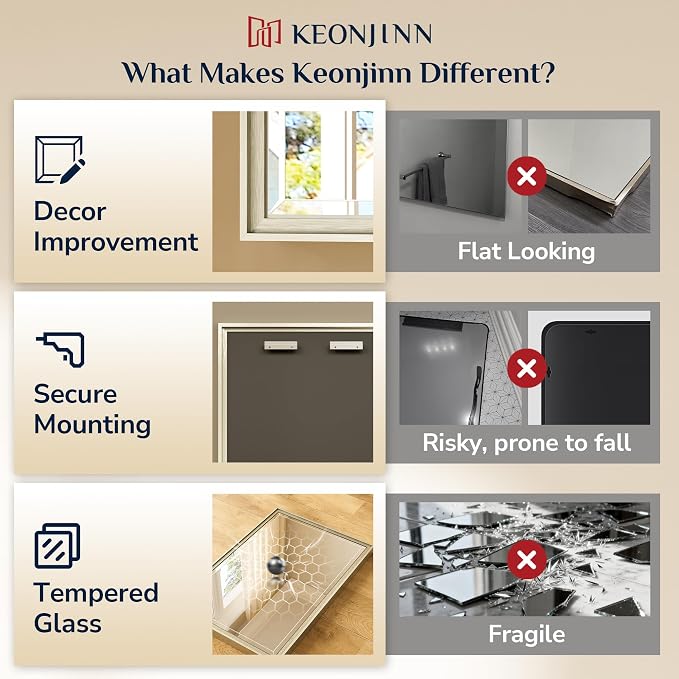 Keonjinn Brushed Nickel Bathroom Mirrors 24" x 32", HD Tempered Glass - Image 5