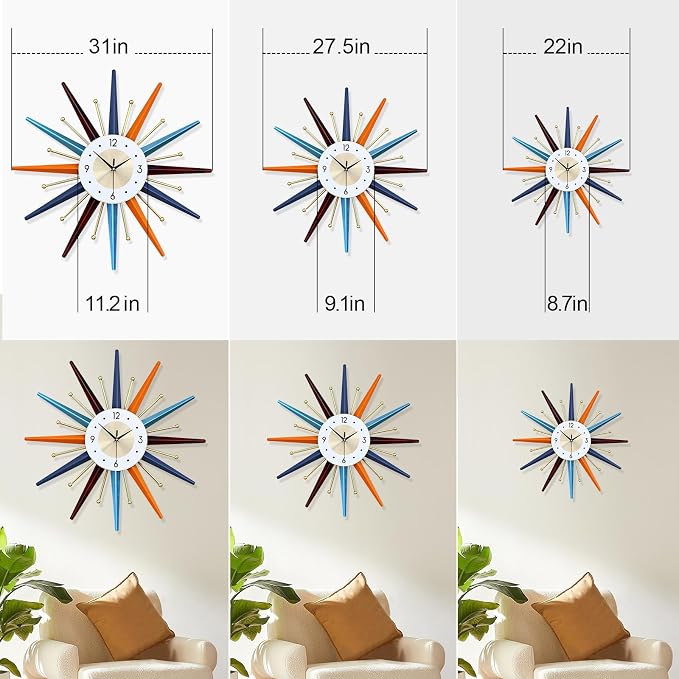 Large Wall Clock 27.5 Inch Modern Wall Clock Starburst Mid-Century Modern Decor - Image 7