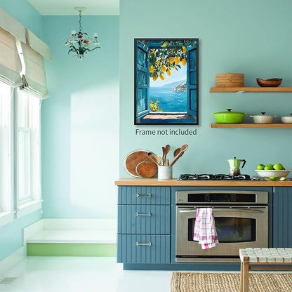 Mediterranean Window View Wall Art Coastal Lemon Tree Canvas Prints Blue - Image 3