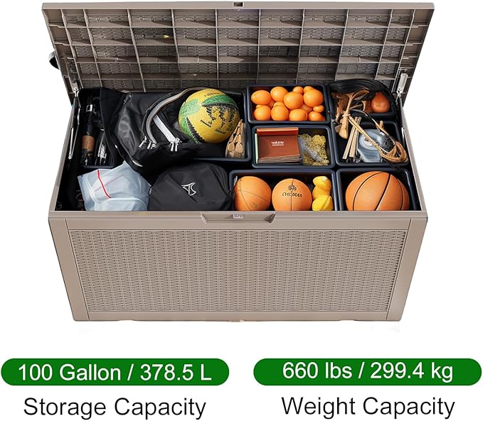 100 Gallon Resin Deck Box, Lockable Patio Outdoor Storage Box for Furniture, Garden Tools and Tools Storage, Waterproof Outside Storage Box - Grey