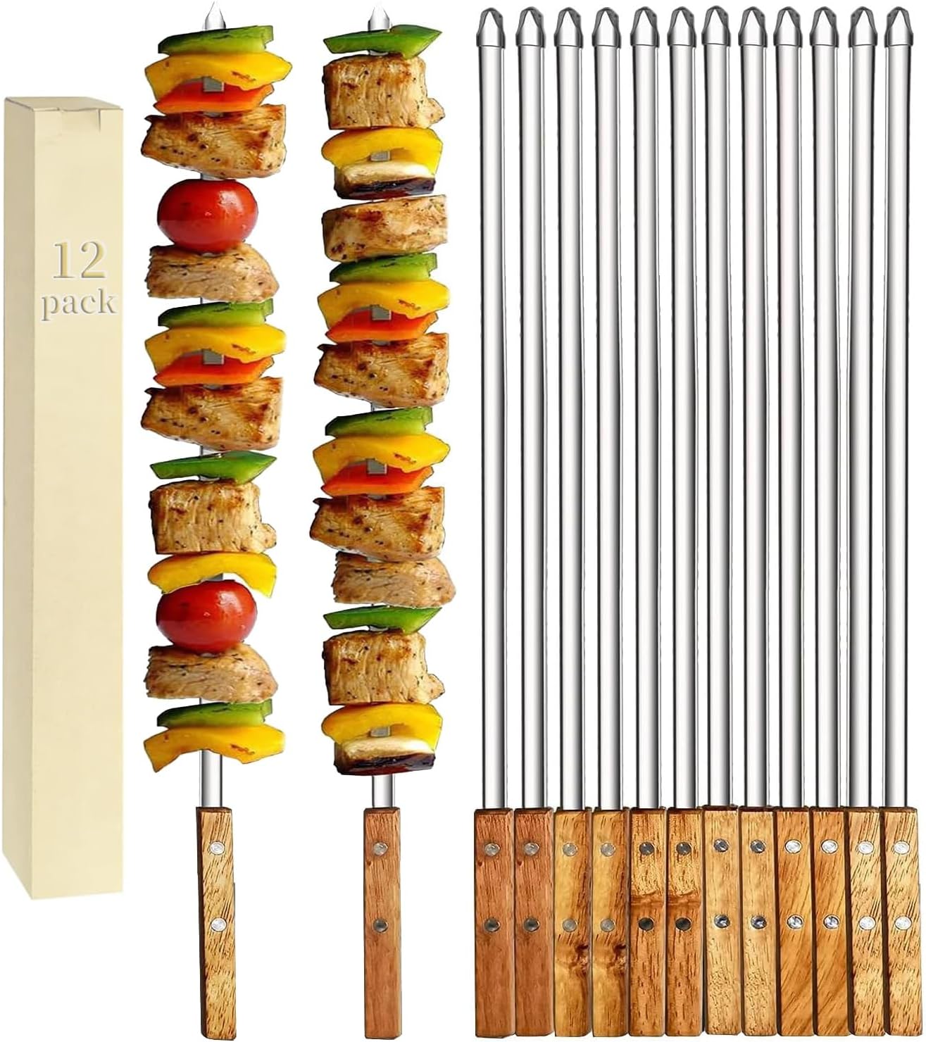 12 Pack Kebab Skewers 22 Inch Stainless Steel Grilling BBQ Skewer Reusable Barbecue Skewers Flat Stick with Wood Handle,Ideal for Koubideh Brazilian Chicken Shrimp Turkish Shish Kabob
