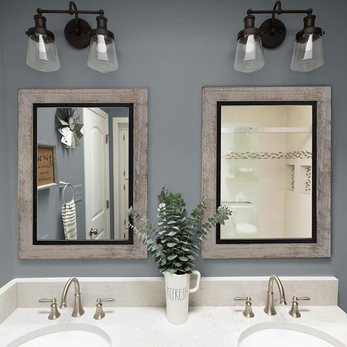 YOSHOOT Rustic Wooden Framed Wall Mirror, Natural Wood and Iron Bathroom Vanity - Image 3