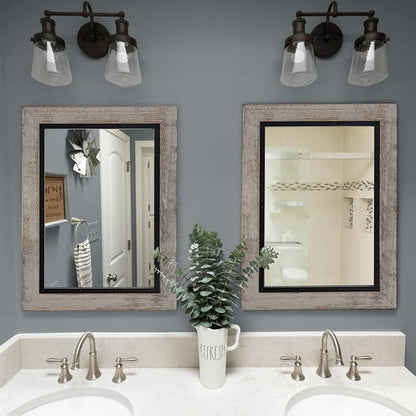 YOSHOOT Rustic Wooden Framed Wall Mirror, Natural Wood and Iron Bathroom Vanity - Image 3