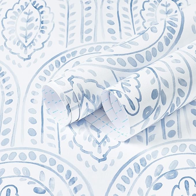 EeeComing Blue Peel and Stick Wallpaper Boho Wall Paper Peel and Stick Modern by EeeComing
