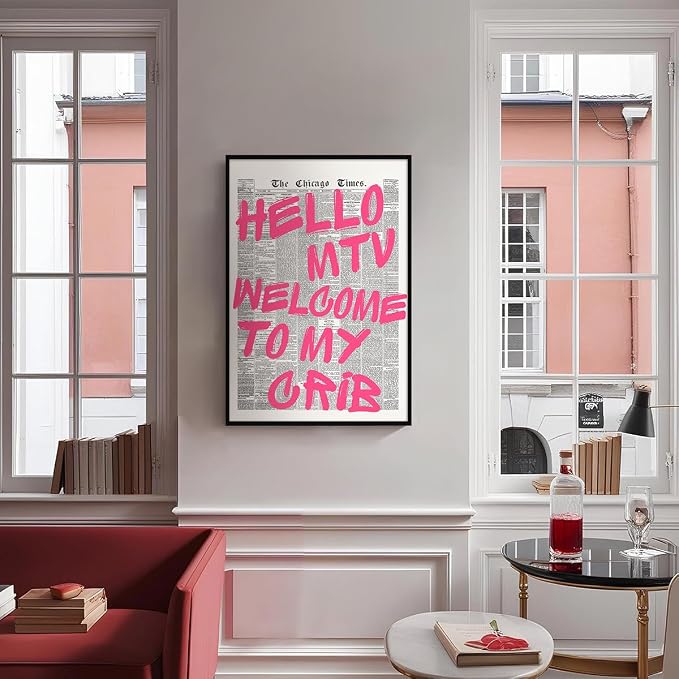 Pink Hello MTV Welcome To My Crib Quote Poster, Vintage Black White Newspaper - Image 5