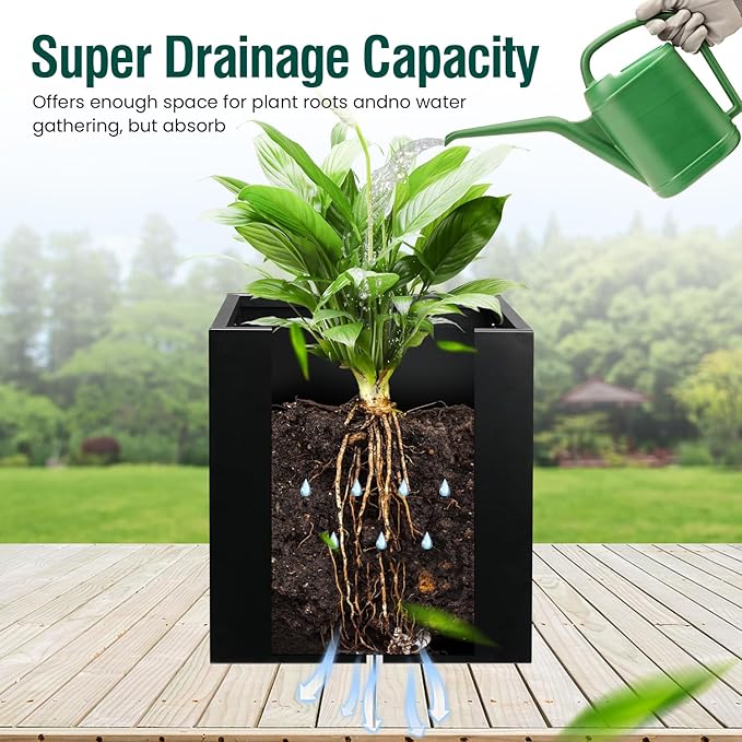 Galvanized Steel Planter Box Black Metal Planter Large Square Indoor Outdoor Planters Cube Steel Heavy Duty Flower Pot 16Inch Powder Coating Modern Commercial Residential for Patio, Deck, Yard, Garden