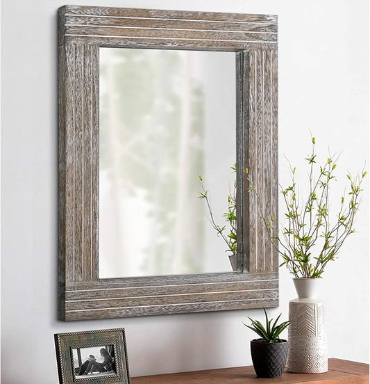 Rustic Wood Framed Wall Mirror Farmhouse Rectanglular Vintage Antique Decor by HLFMVWE