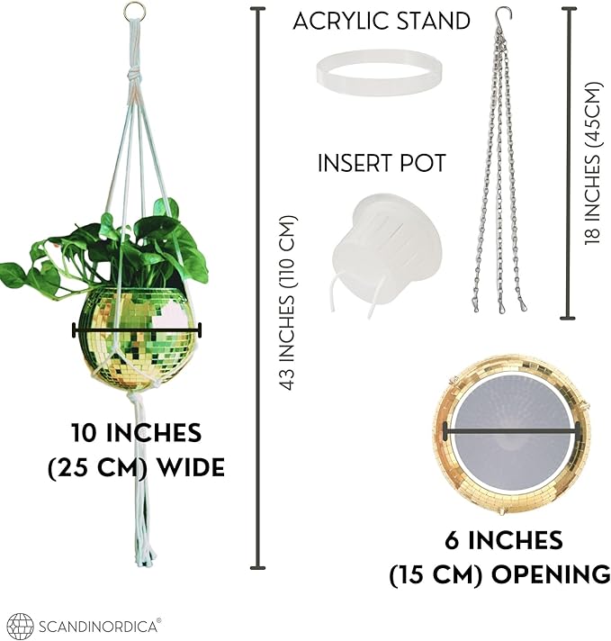 SCANDINORDICA Disco Ball Planter – Value Package: Mirror Disco Planter with Chain, Macrame Hanger and Acrylic Stand for Desk, Includes Self Watering Pot, Plant Accessories | 10 inch Gold