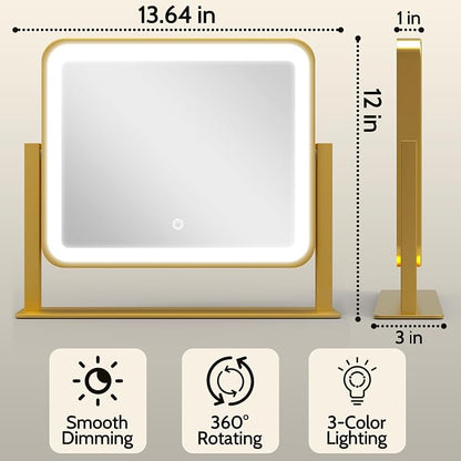 ROLOVE Gold Lighted Makeup Mirror, 3-Color Dimmable Lighting, 360° Rotation - Image 2