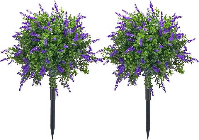 23.6" Artificial Lavender Topiary Ball Trees with Ground Spike, 2 Pack Faux Potted Plants with UV Resistant Purple Flowers for Indoor Outdoor Home Garden Patio Porch Decoration